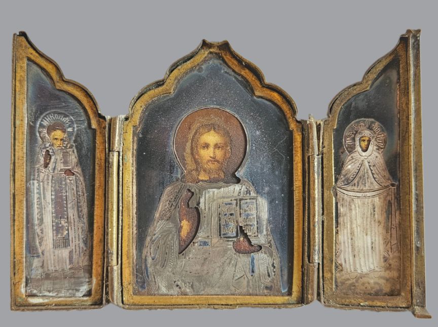 Rare Russian silver and brass travelling triptych icon, Erik